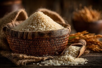 Healthy rice closeup captured in rustic basket high resolution picture