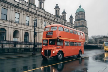 Obraz premium Experience classic British travel with a vibrant double decker bus against an iconic city backdrop, perfect for tourism campaigns and historical retrospectives