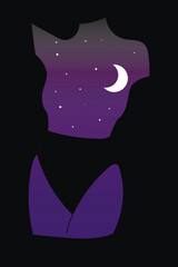 Heaven in the body. Vector illustration. Female body with a starry sky.