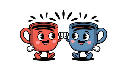 Happy Coffee Cups Cartoon Illustration - Friendship, Teamwork, and Collaboration Concept