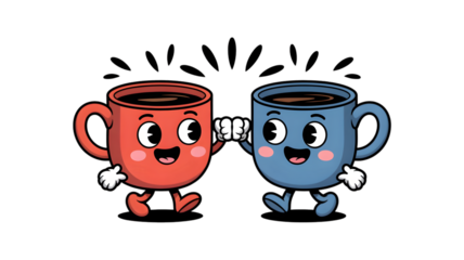 Happy Coffee Cups Cartoon Illustration - Friendship, Teamwork, and Collaboration Concept