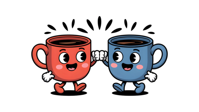 Happy Coffee Cups Cartoon Illustration - Friendship, Teamwork, and Collaboration Concept