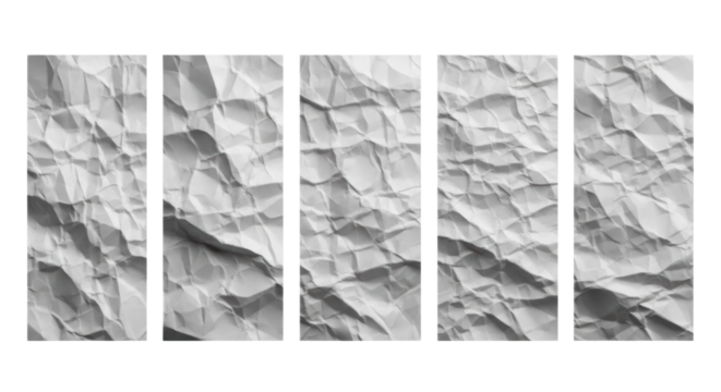 Five distinct vertical panels of crumpled white paper with intricate folds and deep wrinkles, isolated on a transparent background with copy space, studio lit, concept of minimalist abstract texture