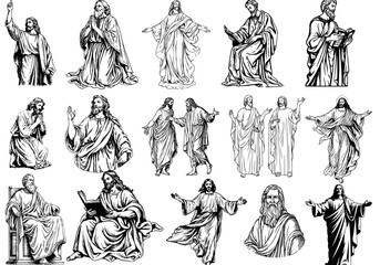 A collection of detailed black and white line art illustrations depicting Jesus Christ in various poses and scenes, showcasing his teachings, blessings, and interactions.