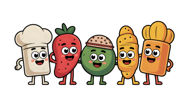 Cute Food Characters Strawberry, Chef Hat, Croissant, Coconut, Pastry Illustration