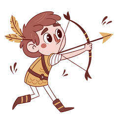 Obraz premium Cute cartoon boy dressed as an archer aiming his bow and arrow with feathers in his hair