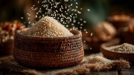 Natural rice harvest displayed in jute basket high resolution picture