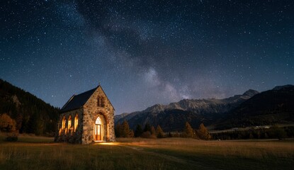 Stone Chapel Under Night Sky and Milky Way