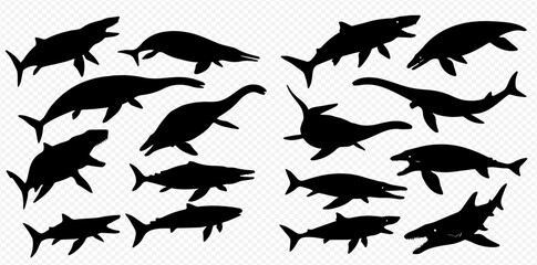 A collection of diverse black silhouettes depicting various prehistoric marine reptiles and ancient sharks.