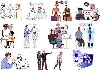 Illustrations depicting diverse human-robot interactions, including collaboration, business partnerships, medical assistance, competition, 