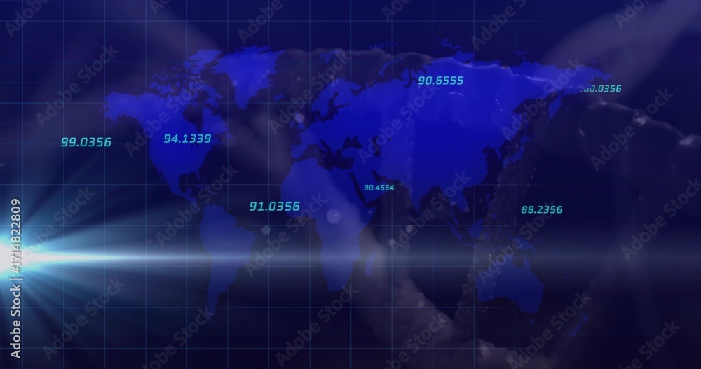 Poster blue digital world map floating on display, with grid, numeric labels, lens flare and bokeh circles