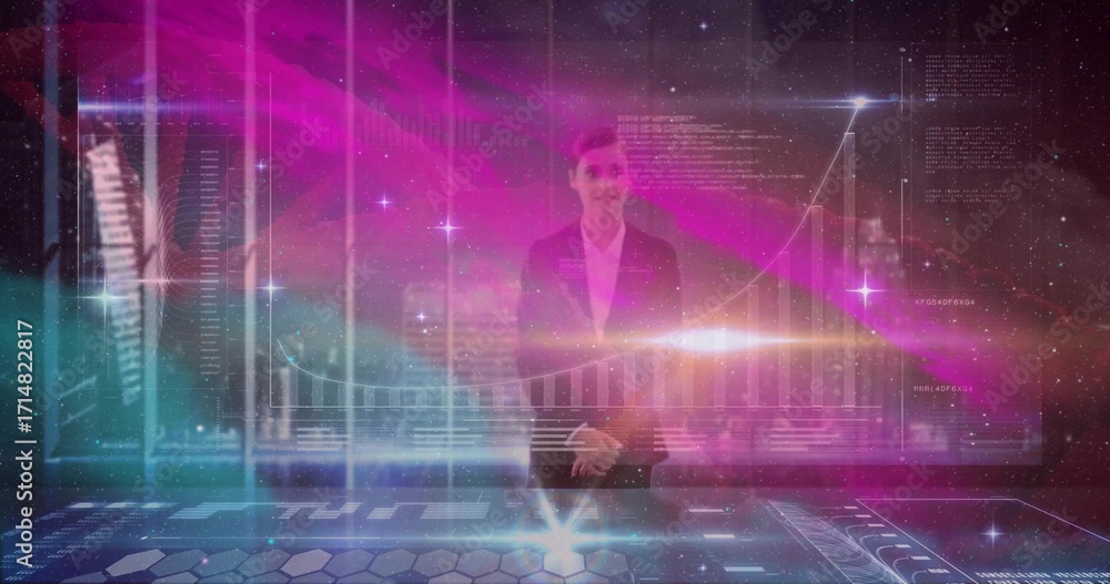Poster operating analyst wearing suit analyzing data on console in futuristic hub, with holographic charts