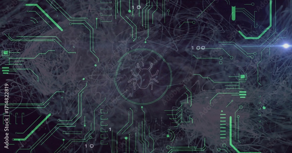 Poster displaying cyber interface over strand backdrop with neon green circuit lines and central bug icon