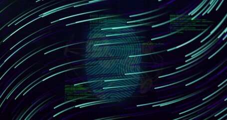 Displaying human face silhouette merging in cyberspace, with fingerprint, code and neon streaks