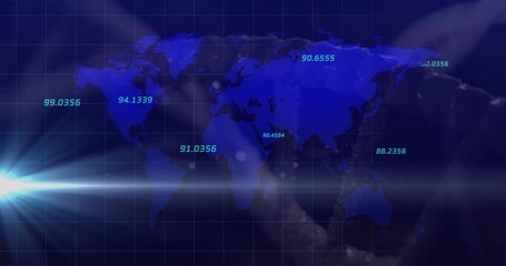Blue digital world map floating on display, with grid, numeric labels, lens flare and bokeh circles