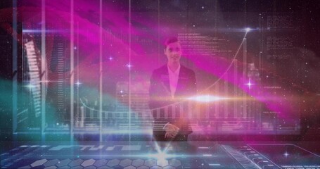 Operating analyst wearing suit analyzing data on console in futuristic hub, with holographic charts