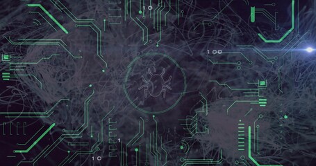 Displaying cyber interface over strand backdrop with neon green circuit lines and central bug icon