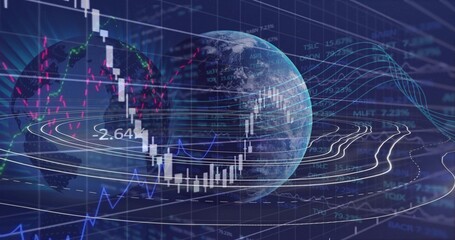 Displaying 3D globe overlaying market data on blue grid, candlesticks, line graphs and labels