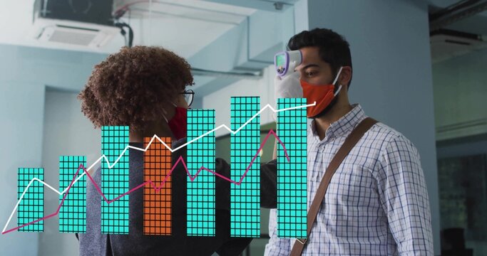 Measuring coworker temp, screener using infrared thermometer in office corridor with face masks - Powered by Adobe