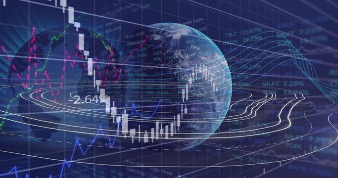 Displaying 3D globe overlaying market data on blue grid, candlesticks, line graphs and labels
