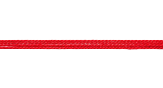 Vibrant scarlet red yarn, single strand, fuzzy texture, individual fibers, stretched tautly on a pristine transparent background, extreme macro, minimalist art concept