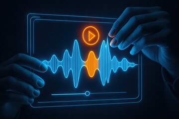 Futuristic digital audio waveform display with play button