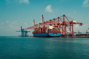 Naklejka premium Dynamic cargo ship brimming with colorful containers docked at a bustling port ready for global distribution under a bright blue sky, perfect for logistics