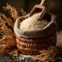Uncooked white rice arranged in basket high resolution picture