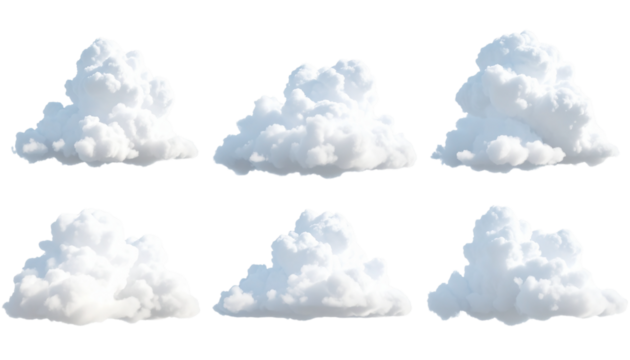 White fluffy clouds isolated; PNG images on transparent background for digital design, branding, and creative projects.
