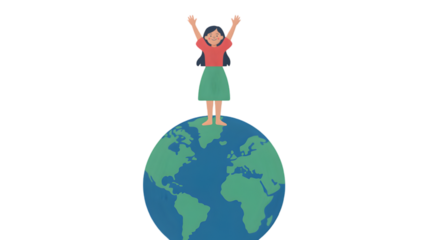 Woman on top of the world, celebrating success, global achievement, reaching goals, environmental concept