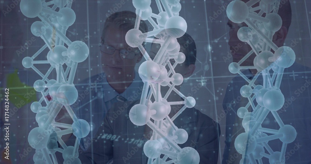 Aufkleber studying staff in lab wearing coats using grid display and floating dna helices by sticky note