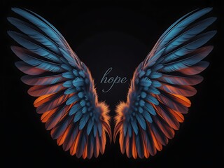 Obraz premium Vibrant angel wings with blue and orange feathers on black background