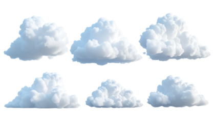 White fluffy clouds float, isolated with transparent background. For digital design, web backgrounds, compositing.