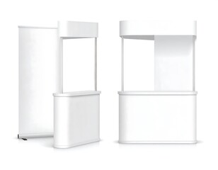 Two white trade show booths, side-by-side, isolated on white