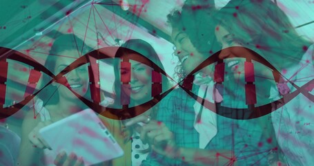 Collaborating scientists in work attire leaning over tablet in modern lab, with DNA network overlay