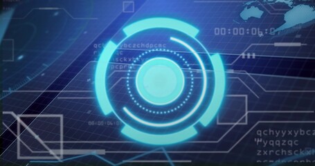 Projecting holographic UI element in console with grid plane, scrolling code and world map outlines