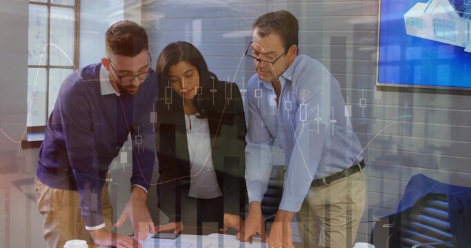 Analyzing team reviewing printed reports and discussing data at conference table, chart overlay - Powered by Adobe