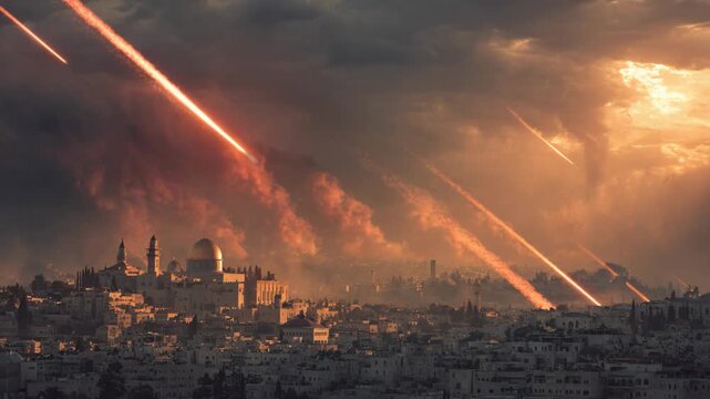 A dramatic cosmic scene showing numerous comets falling toward Earth above Jerusalem city, with fiery trails lighting up the sky, symbolizing a powerful and apocalyptic atmosphere