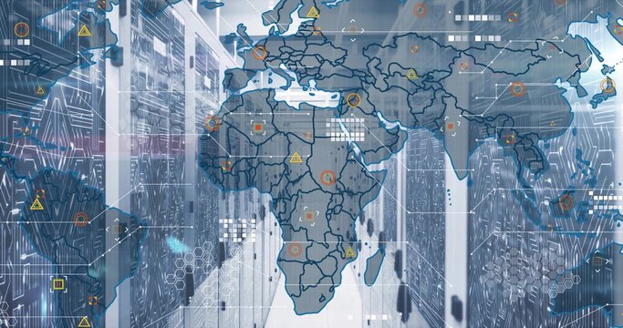 Displaying holographic world map overlaying data center hall, with racks, LEDs, network icons