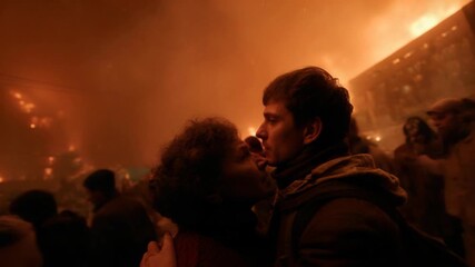 A chaotic street scene showing a man and woman hugging each other with scared expressions, while fire and smoke burn intensely in the background, symbolizing fear, survival, and turmoil. - Powered by Adobe