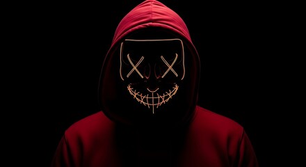 Person in Red Hoodie Wearing a Glowing Neon Purge Mask