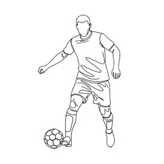 Male soccer player dribbling ball in outlined design style  