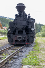 A 20th-century steam locomotive sits on a narrow gauge track. This powerful and classic engine, an icon of the industrial age, is now a symbol of history and nostalgia