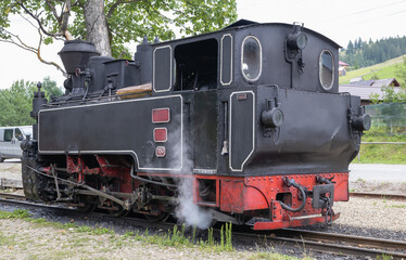 low-angle shot of a classic black steam train, showcasing its robust, historical machinery. The locomotive stands on a track surrounded by greenery