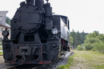 historic black steam train stands on a track next to a grassy field and a forest. the locomotive shows signs of age and use, with steam gently escaping from its pipes