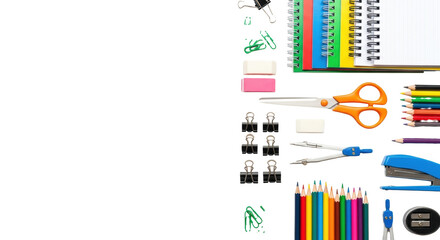 New, vibrant school and office supplies, meticulously arranged on transparent background with copy space, Concept of back to school and education