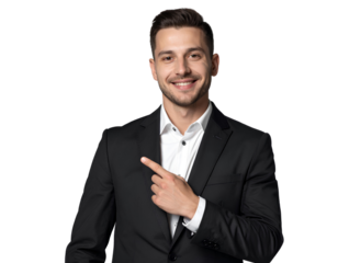 Man Smiling and Pointing Confidently, Dressed Smartly Against isolated on a transparent background.
