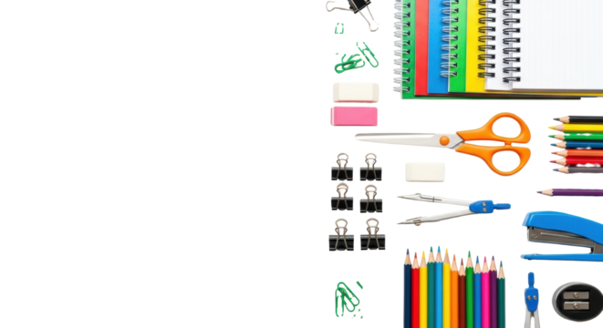 New, vibrant school and office supplies, meticulously arranged on transparent background with copy space, Concept of back to school and education