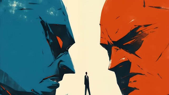 Figurative Illustration of a Man Confronted by Large Faces of Red and Blue