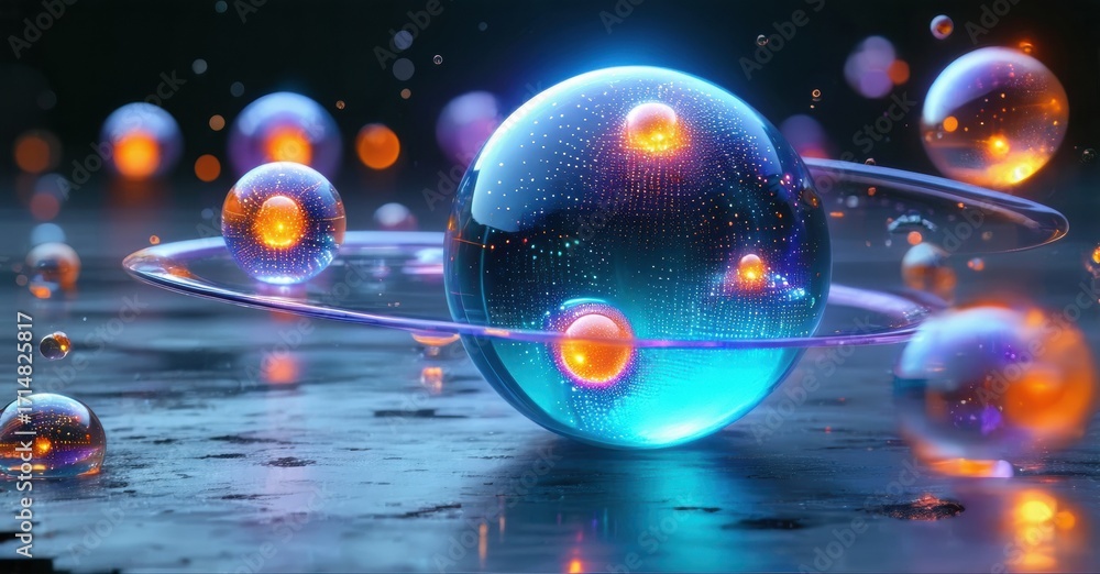 Poster glowing spheres surround central orb. digital network visible within translucent sphere. dark backgr